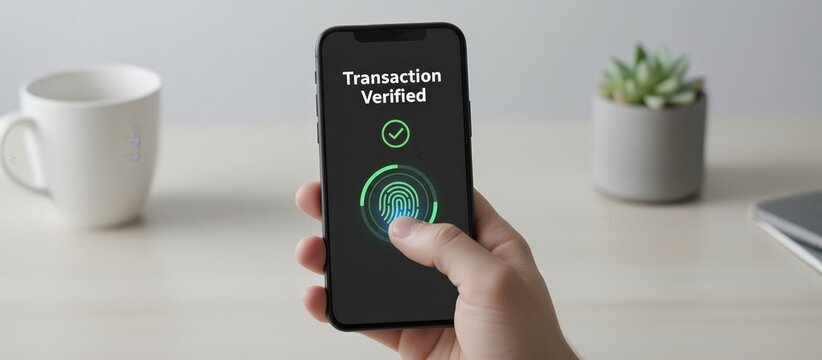 Person's hand holding a smartphone showing a transaction verified message and a biometric fingerprint scanner, illustrating secure online payment and mobile banking
