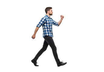 Fototapeta premium Man in plaid shirt walking with pink object isolated on transparent background