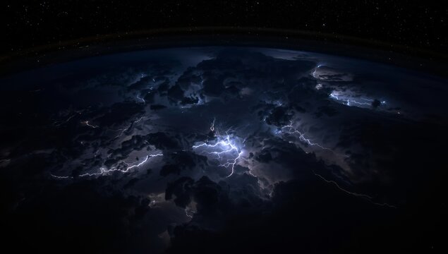 Dramatic lightning storm over earth as seen from space at night time