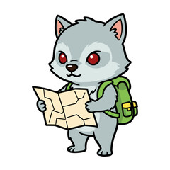 vector illustration of a little werewolf wearing a backpack and holding a map