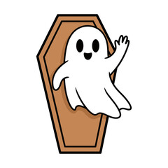 vector illustration of a miniature coffin with a friendly ghost peeking out