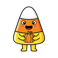 vector illustration of a smiling candy corn character holding a pumpkin