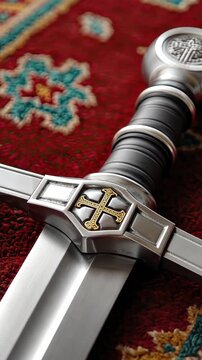Detailed close-up of a decorative sword on a patterned rug showing craftsmanship and design elements