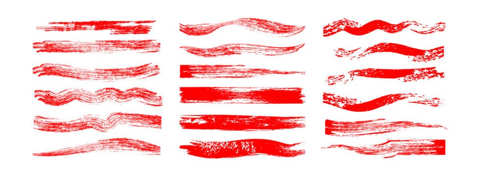 Red hand-drawn brush strokes, stripes and smears &mdash; vector calligraphy paint line textures set.