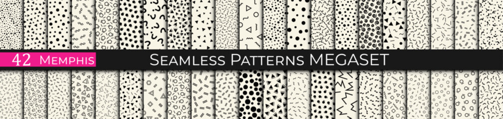 Set of 42 Seamless Memphis Style Patterns – Colorful Geometric Retro Backgrounds