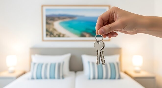 Hand holding keys in front of a bedroom with beach artwork