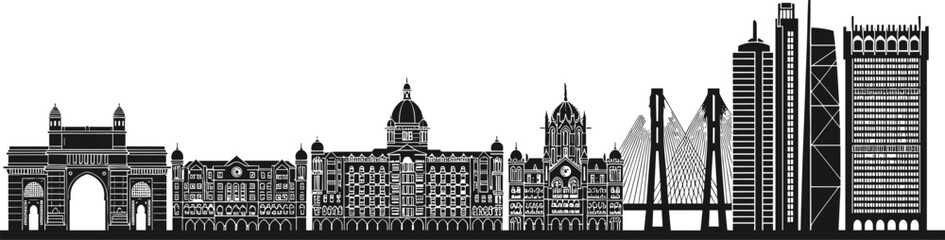Mumbai skyline silhouette, Gateway of India, Taj Hotel, Sea Link bridge, historic architecture, modern buildings, Indian cityscape, black vector art © Hello there