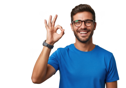 Man with glasses making ok gesture isolated on transparent background