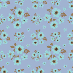 Seamless flower pattern with pink, blue and golden yellow color hand drawn art abstract floral and leaf background elements. Flower garden wallpaper vector
