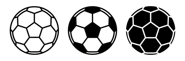 Soccer icon set. A set of simple soccer ball icons in outline, black and white, and solid black versions. Perfect for sports themed projects, web design. Isolated on white background.
