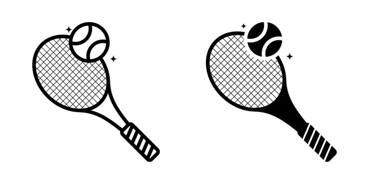 Tennis icon set. Simple minimalist style icons of tennis racket and ball. Outline and solid style available. Sport equipment for tennis game. Isolated on white background.