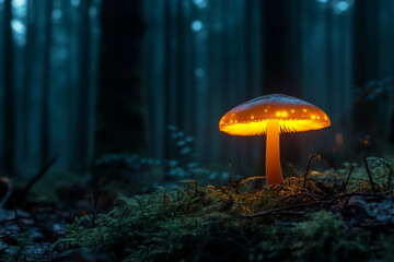 A glowing bioluminescent mushroom illuminating the dark forest floor