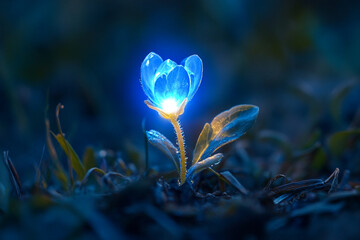 A glowing blue dewdrop magnifying a tiny enchanted flower