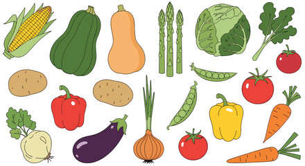 An assortment of fresh vegetables, including corn, squash, potatoes, and peppers, arranged on a white background.