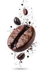Close up of roasted coffee beans flying with dark powder splashes on white background