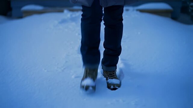 Mature woman in a winter coat zipping up her jacket and stepping out of her house. She walks down the porch steps into the fresh, deep snow