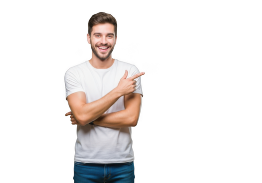Man in white t shirt pointing to the side isolated on transparent background