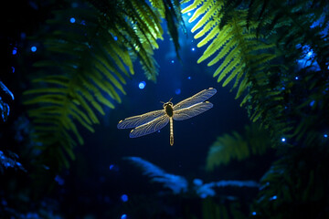 A glowing dragonfly darting between towering bioluminescent ferns  