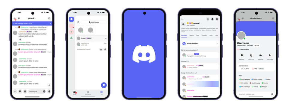 Discord app mockup featuring Discord chat interface, Discord server layout, and Discord user profiles for text, voice, and community interaction design