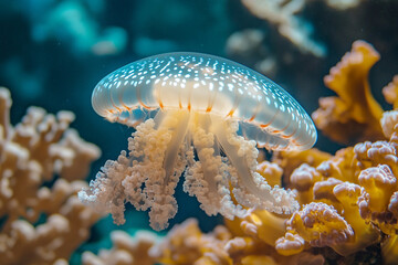 A jellyfish drifting over a coral colony as polyps feed beneath it