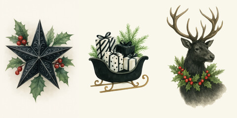 Festive decorations featuring star, sleigh with gifts, and reindeer in a holiday theme