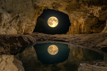 A glowing full moon visible through a small cave opening above an underground lake