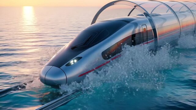 Futuristic high speed train traveling through a transparent tube over ocean water at sunset with