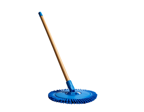Household Mop with Wooden Stick and Blue Base – Transparent Studio PNG