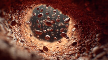 Coffee Beans Falling Into a Ground Coffee Tunnel View Perspective