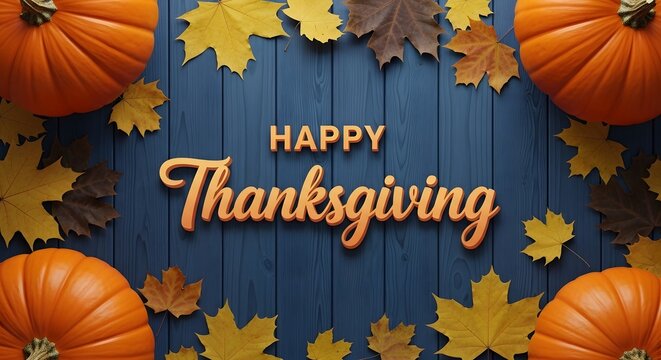 Happy thanksgiving message with pumpkins and autumn leaves on blue wood