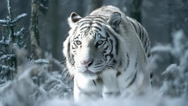 Tiger moves through snowy forest with focused eyes. Striped predator blends in winter wildlife. Wild animal tracks cold ground. Hunter adapts to snow-covered forest in wild winter landscape