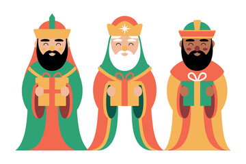 Three wise men illustration holding gifts in robes on a white background