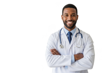 Smiling male doctor with stethoscope isolated on transparent background