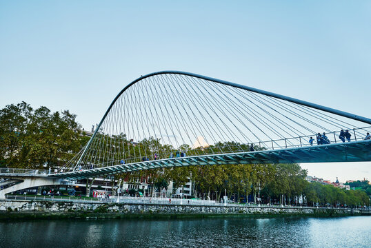 Zubizuri tied arch footbridge across Nervion River, Bilbao, Pais Vasco, Spain, Europe
