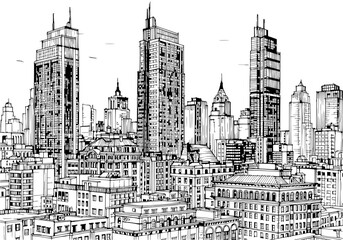 Fototapeta premium Hand-drawn black and white cityscape illustration with modern tall skyscrapers