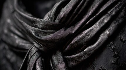 A close up view highlights the texture and folds of a luxurious black scarf with a unique design.