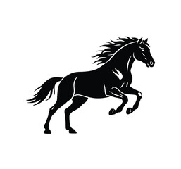Obraz premium Elegant black running horse silhouette vector illustration of a powerful galloping stallion with flowing mane, minimalist animal design on white background, perfect for logos, tattoos, emblems, poster