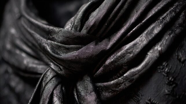 A close up view highlights the texture and folds of a luxurious black scarf with a unique design.