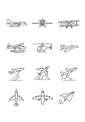Set of various aircraft and paper airplane icons for aviation and travel
