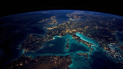 Night view of europe from space showing city lights illuminating the continent