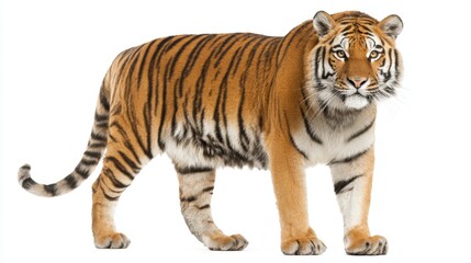 Fototapeta premium A splendid tiger displays its striking stripes while standing tall in a bright environment.