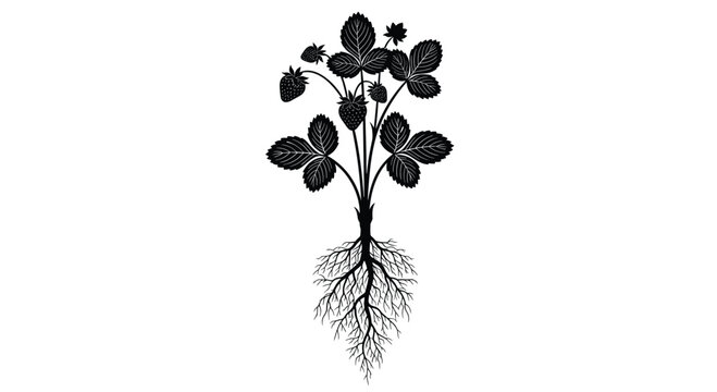 Vintage black and white botanical illustration of a strawberry plant, complete with its root system, distinct leaves, and developing fruit.