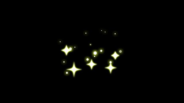 Twinkling cartoon stars and glitter sparkle FX with Splash and bubble elements motion graphics, shiny doodle twinkle star, and glowing sparkle trails on black screen background video overlay. 4K