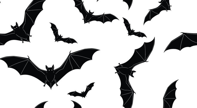 A repeating pattern of flying bats against a white background, perfect for Halloween themes or spooky designs.