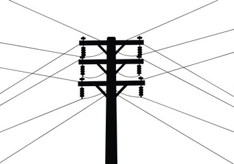 Utility pole silhouette with crossarms, insulators, power lines, electricity distribution system, urban energy grid, voltage infrastructure, industrial network, educational diagram background
