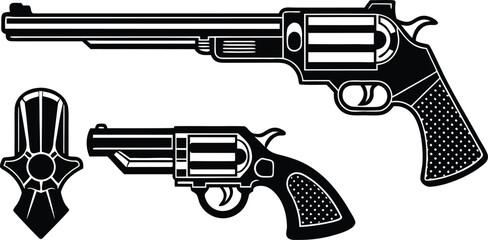 Gun icon set featuring various firearm silhouettes including pistols, rifles, and machine guns, isolated weapon symbols for military, security, shooting, and tactical design projects