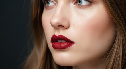 Fototapeta premium Close up of a woman with red lipstick, brown hair, and blue eyes. Beauty and make-up concept for fashion or cosmetic advertisements.
