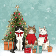 Cute Christmas Cats: Adorable Felines by a Decorated Tree in the Snow.