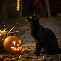 a black cat sitting next to a jack o lantern under