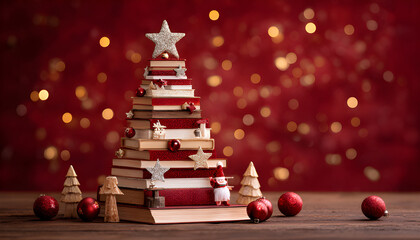 A Christmas tree made of books in colorful fabric covers. Christmas and New Year, education, book publishing, reading, vintage style.